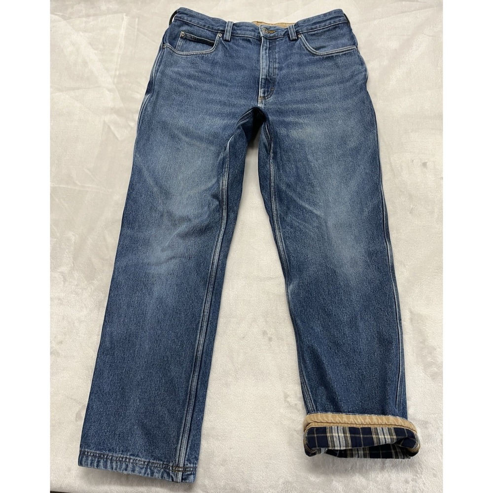 Duluth Trading Flannel Lined Jean Men 36x32 Blue Wash Relaxed Fit Whisker Gusset